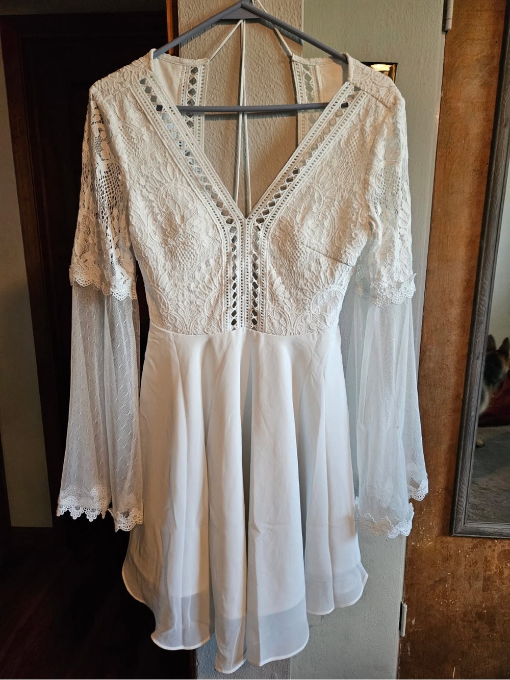 Lace V-Neck Chiffon Dress in White